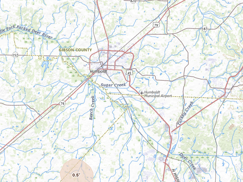 Radar-estimated hail-size map of the storm over Humboldt, TN on Jul 3, 2026