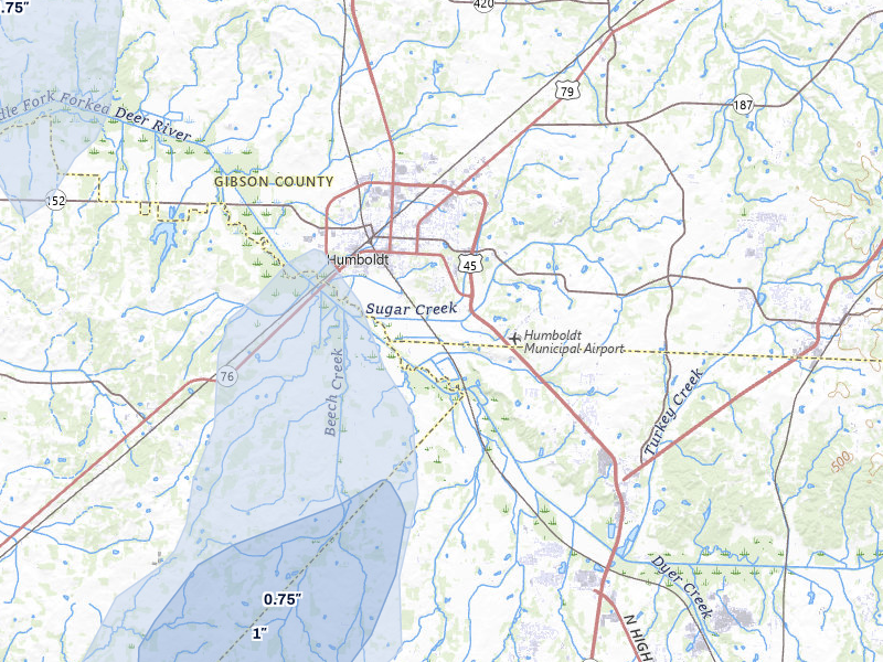 NEXRAD radar-signature map of the hail storm over Humboldt, TN on Jul 3, 2026
