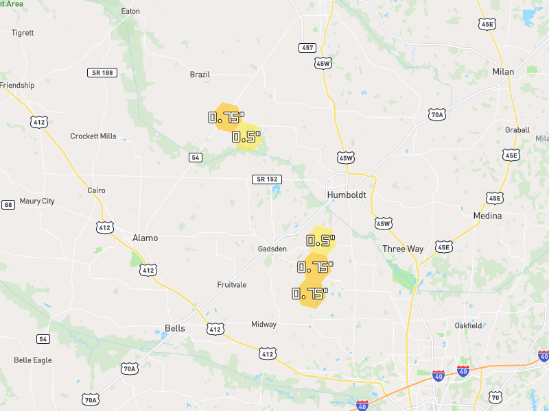 Hail map of Humboldt, TN on Jul 3, 2026, hail up to 0.75"