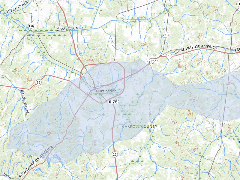 NEXRAD radar-signature map of the hail over Huntingdon, TN