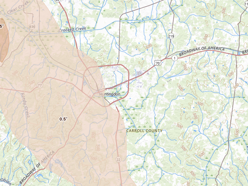 Radar-estimated hail-size map of the storm over Huntingdon, TN on May 31, 2026