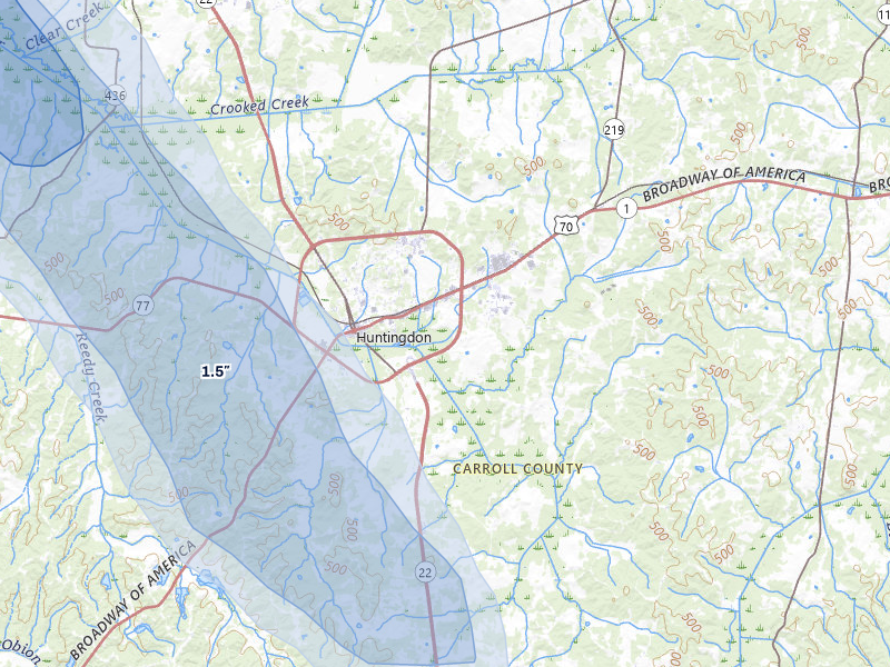 NEXRAD radar-signature map of the hail storm over Huntingdon, TN on May 31, 2026
