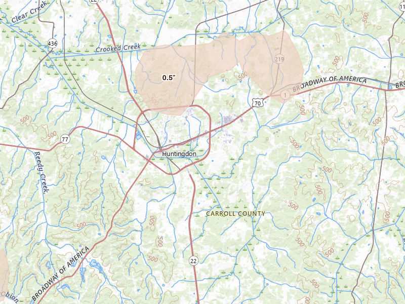 Radar-estimated hail-size map of the storm over Huntingdon, TN