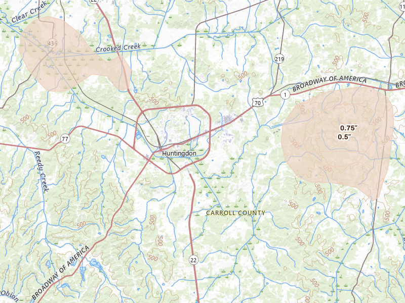 Radar-estimated hail-size map of the storm over Huntingdon, TN on Jul 2, 2026