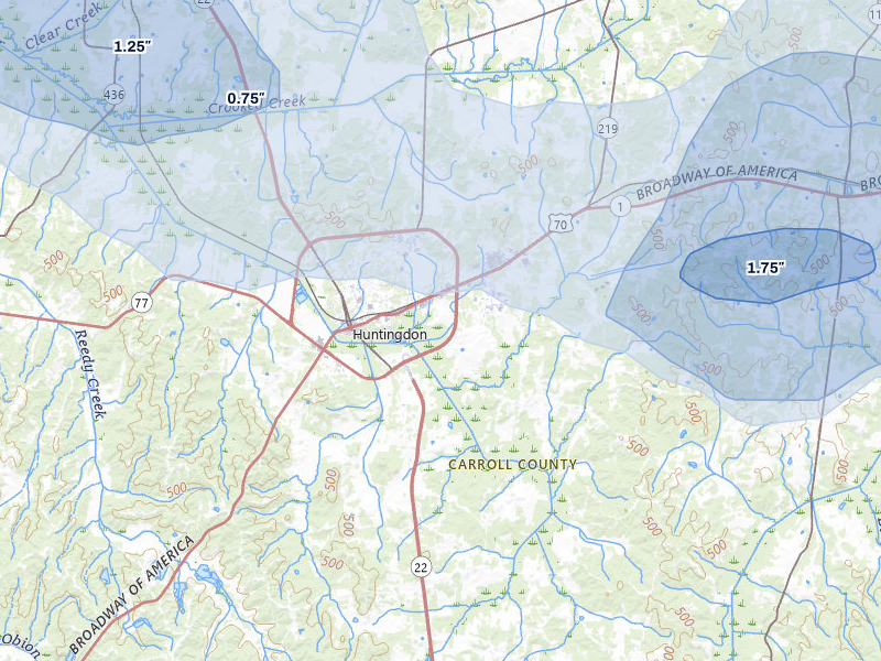 NEXRAD radar-signature map of the hail over Huntingdon, TN