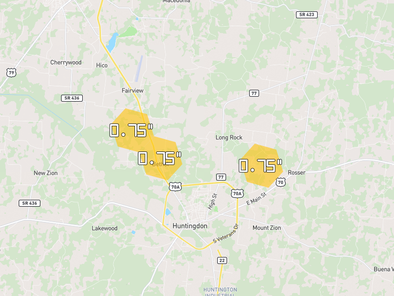 Hail map of Huntingdon, TN on Jul 3, 2026, hail up to 0.75"