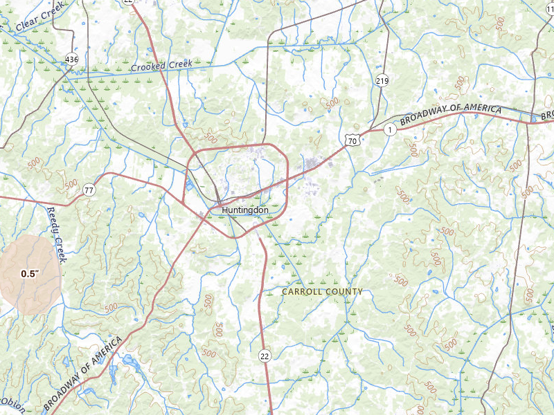 Radar-estimated hail-size map of the storm over Huntingdon, TN on Jul 5, 2026