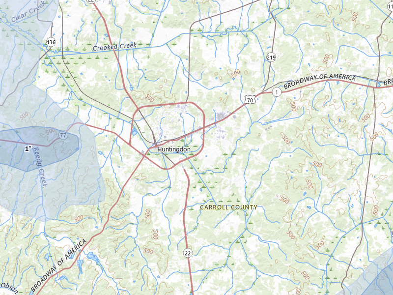 NEXRAD radar-signature map of the hail storm over Huntingdon, TN on Jul 5, 2026