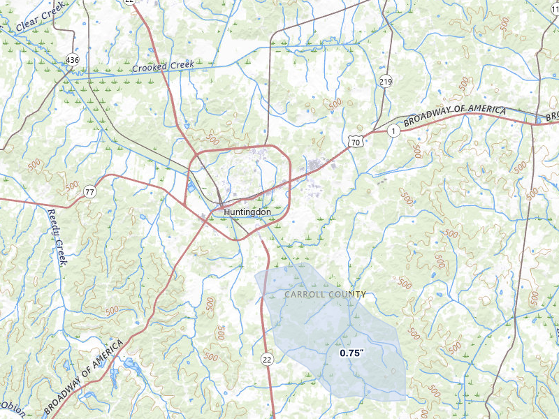 NEXRAD radar-signature map of the hail storm over Huntingdon, TN on Jul 9, 2026