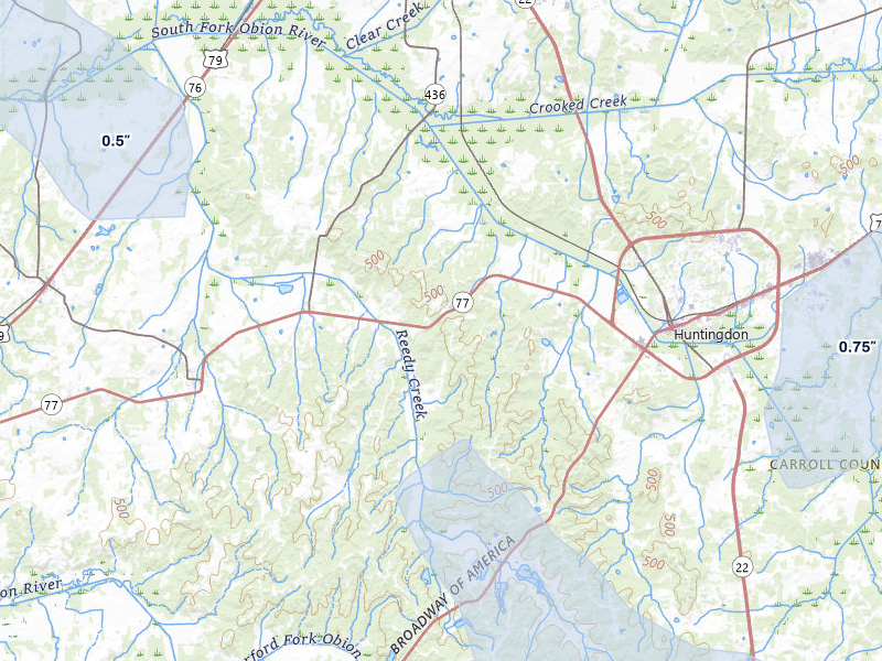 NEXRAD radar-signature map of the hail storm over Huntingdon, TN on Aug 8, 2026