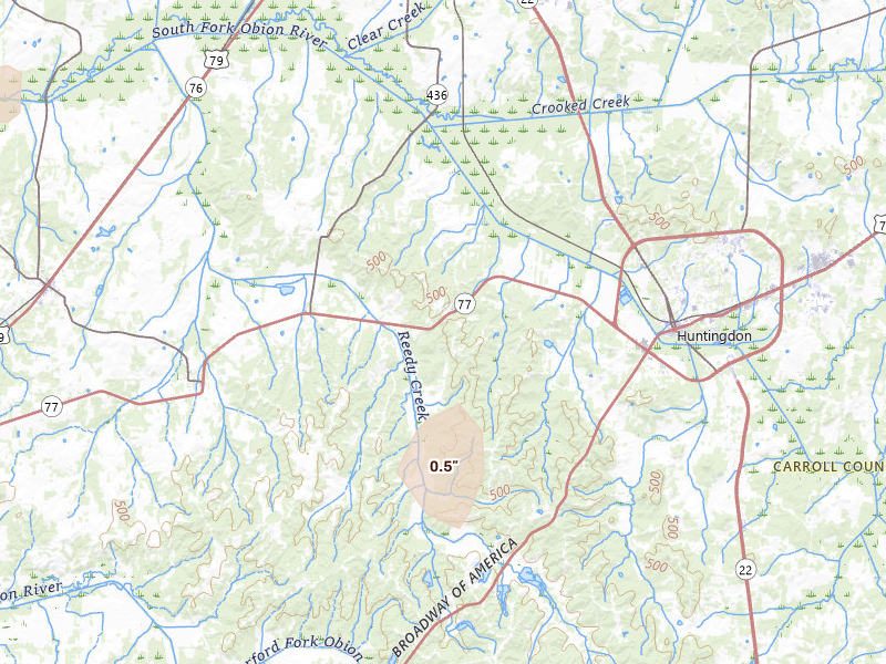 Radar-estimated hail-size map of the storm over Huntingdon, TN on Aug 19, 2026