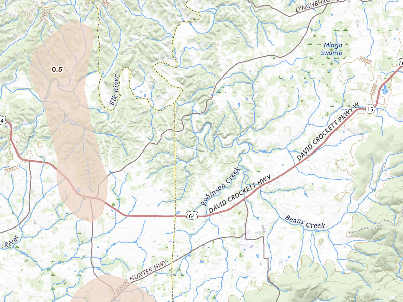 Radar-estimated hail-size map of the storm over Huntland, TN on May 31, 2026