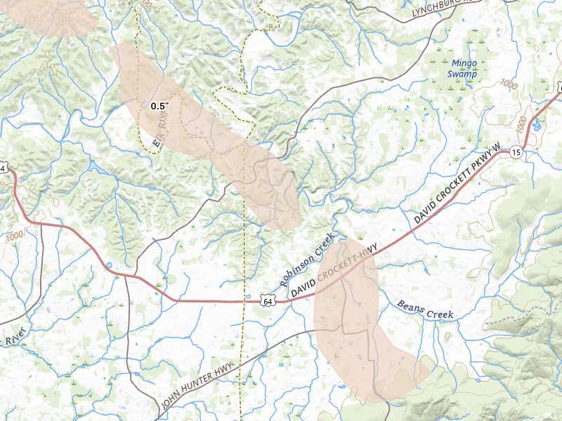 Radar-estimated hail-size map of the storm over Huntland, TN on Jun 1, 2026