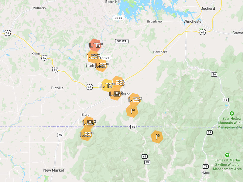 Hail map of Huntland, TN on Jun 1, 2026, hail up to 1.75"