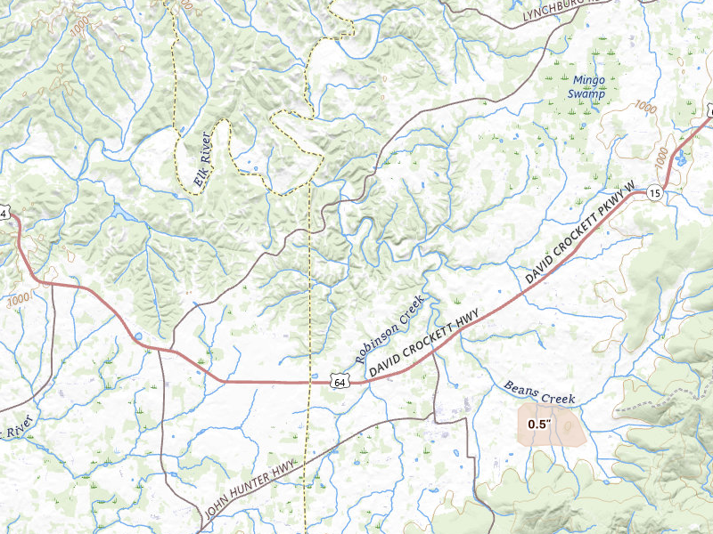 Radar-estimated hail-size map of the storm over Huntland, TN on Jun 12, 2026