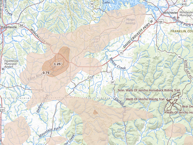 Radar-estimated hail-size map of the storm over Huntland, TN on Aug 20, 2026