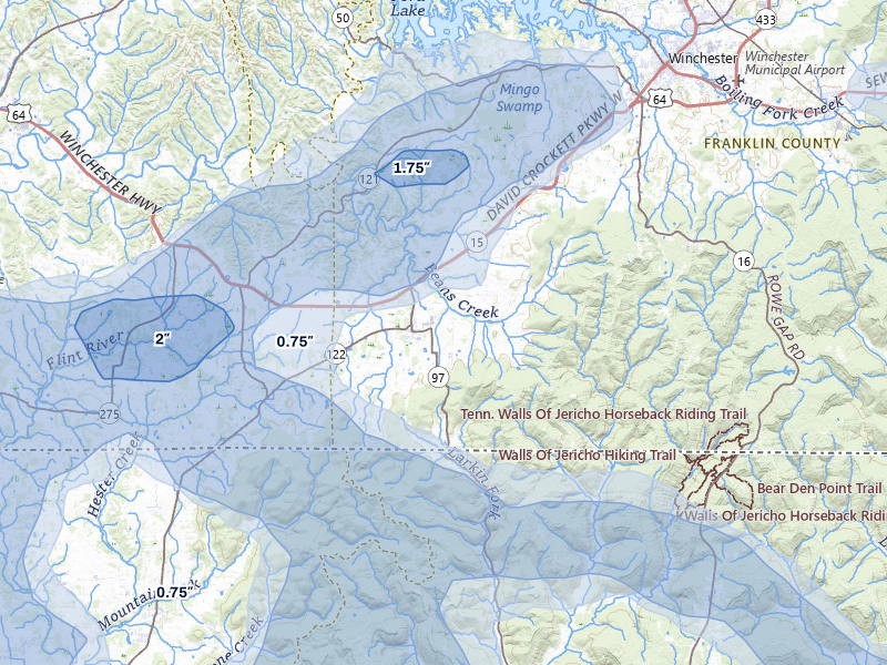 NEXRAD radar-signature map of the hail storm over Huntland, TN on Aug 20, 2026