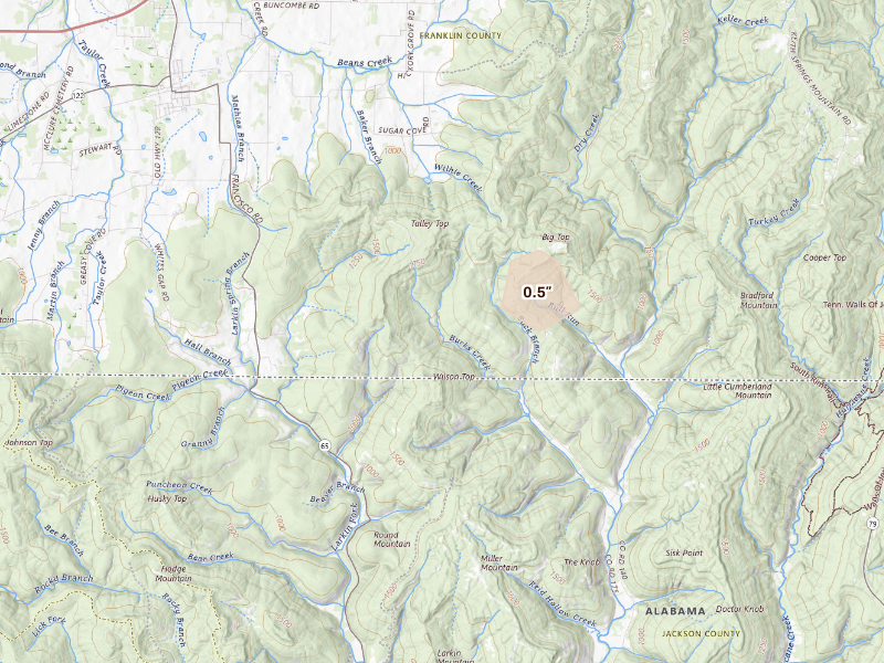Radar-estimated hail-size map of the storm over Huntland, TN on Sep 19, 2026