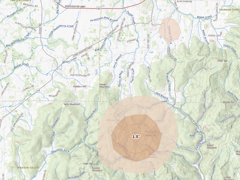 Radar-estimated hail-size map of the storm over Huntland, TN