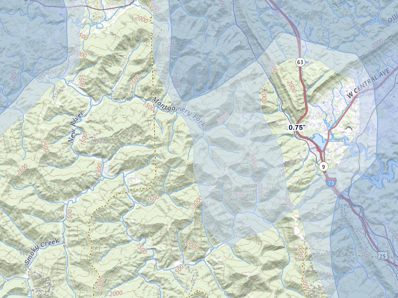 NEXRAD radar-signature map of the hail over Huntsville, TN