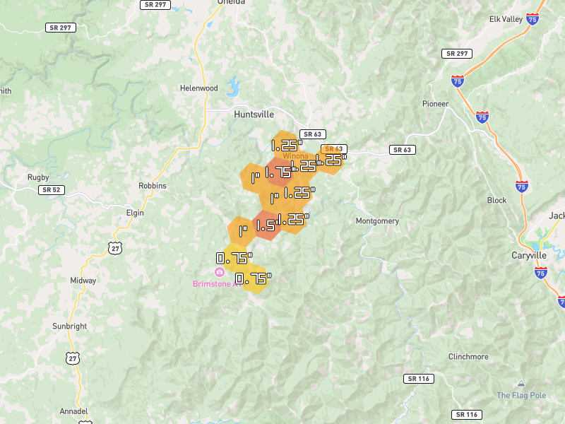 Hail map of Huntsville, TN on Jul 4, 2026, hail up to 1.75"