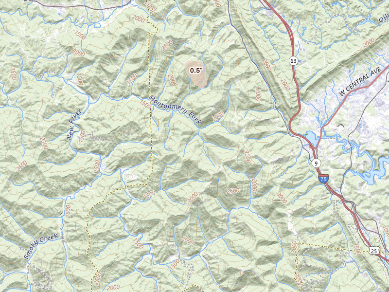 Radar-estimated hail-size map of the storm over Huntsville, TN on Aug 21, 2026
