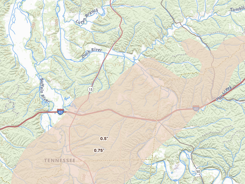 Radar-estimated hail-size map of the storm over Hurricane Mills, TN on Mar 15, 2026