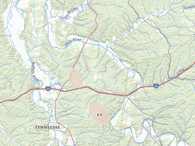 Radar-estimated hail-size map of the storm over Hurricane Mills, TN on Jul 26, 2026