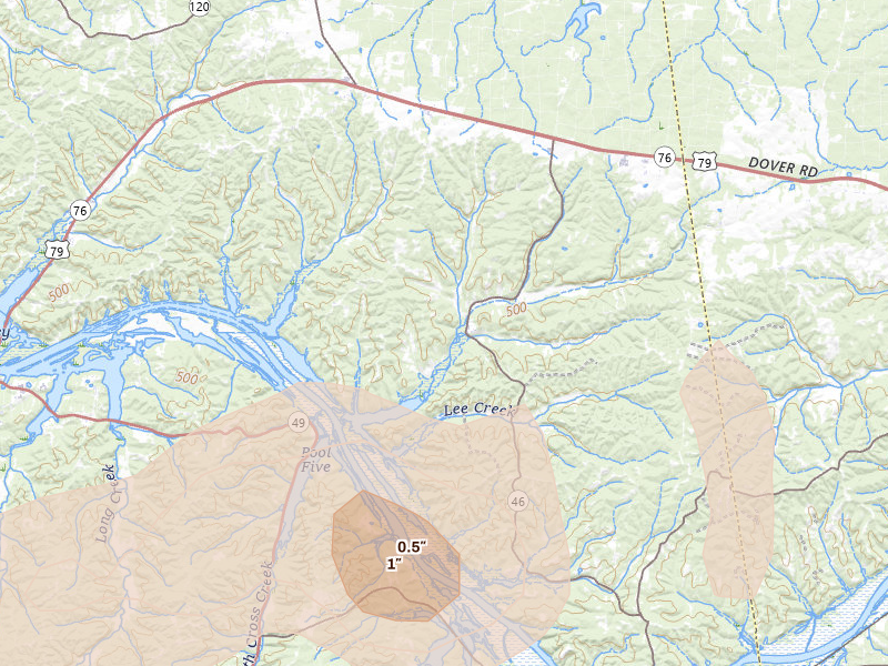 Radar-estimated hail-size map of the storm over Indian Mound, TN on Jul 2, 2026