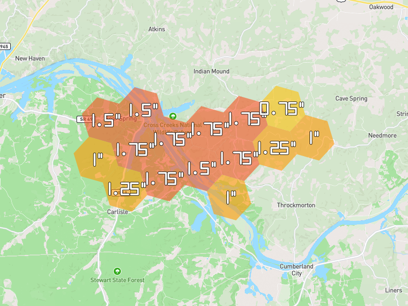 Hail map of Indian Mound, TN on Jul 2, 2026, hail up to 1.75"