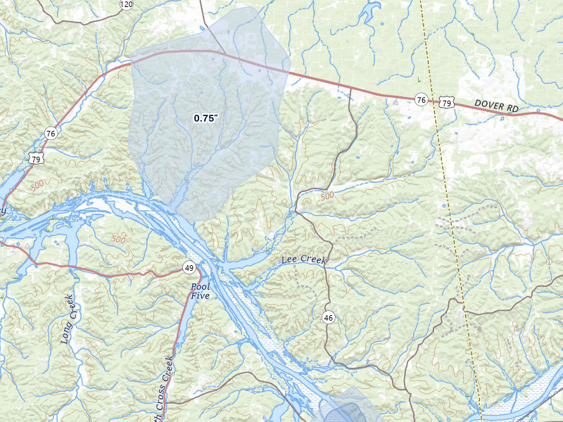 NEXRAD radar-signature map of the hail storm over Indian Mound, TN on Jul 5, 2026