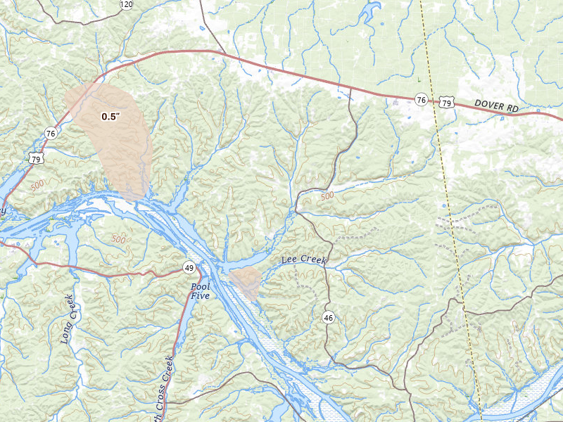 Radar-estimated hail-size map of the storm over Indian Mound, TN on Jul 21, 2026