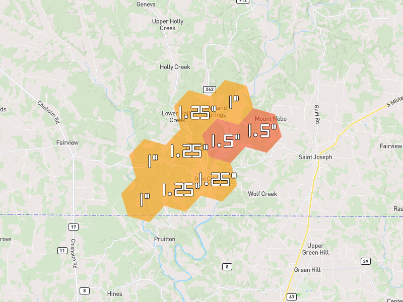 Hail map of Iron City, TN on Jul 3, 2026, hail up to 1.5"