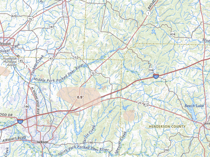 Radar-estimated hail-size map of the storm over Jackson, TN on Apr 16, 2026