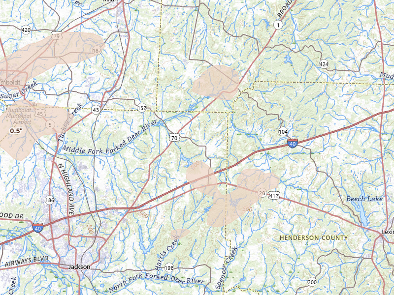 Radar-estimated hail-size map of the storm over Jackson, TN on Apr 27, 2026