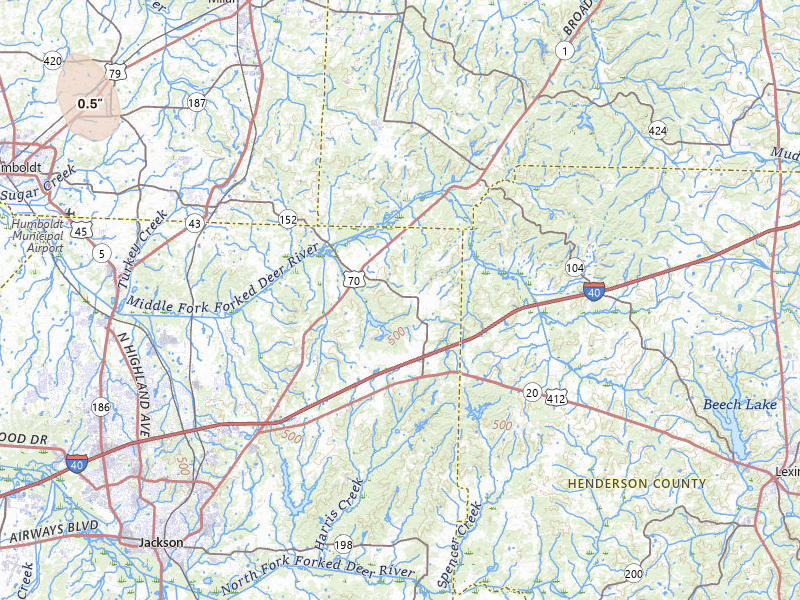 Radar-estimated hail-size map of the storm over Jackson, TN on Jul 1, 2026