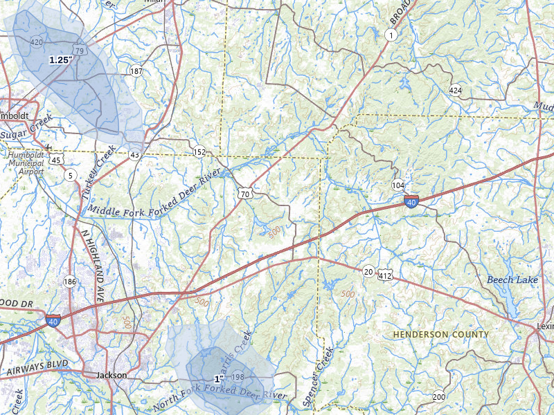 NEXRAD radar-signature map of the hail storm over Jackson, TN on Jul 1, 2026