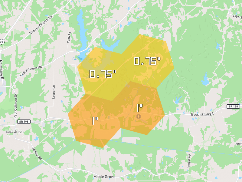 Hail map of Jackson, TN on Jul 1, 2026, hail up to 1"