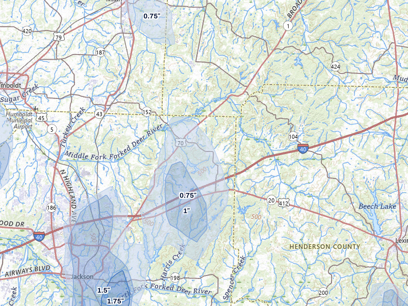 NEXRAD radar-signature map of the hail storm over Jackson, TN on Jul 3, 2026