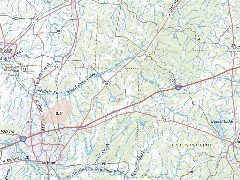 Radar-estimated hail-size map of the storm over Jackson, TN on Jul 4, 2026