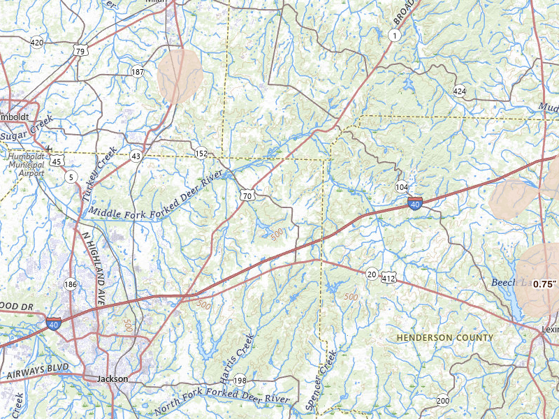 Radar-estimated hail-size map of the storm over Jackson, TN on Jul 5, 2026