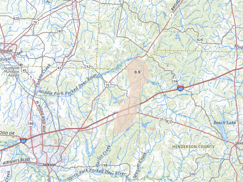 Radar-estimated hail-size map of the storm over Jackson, TN on Jul 19, 2026