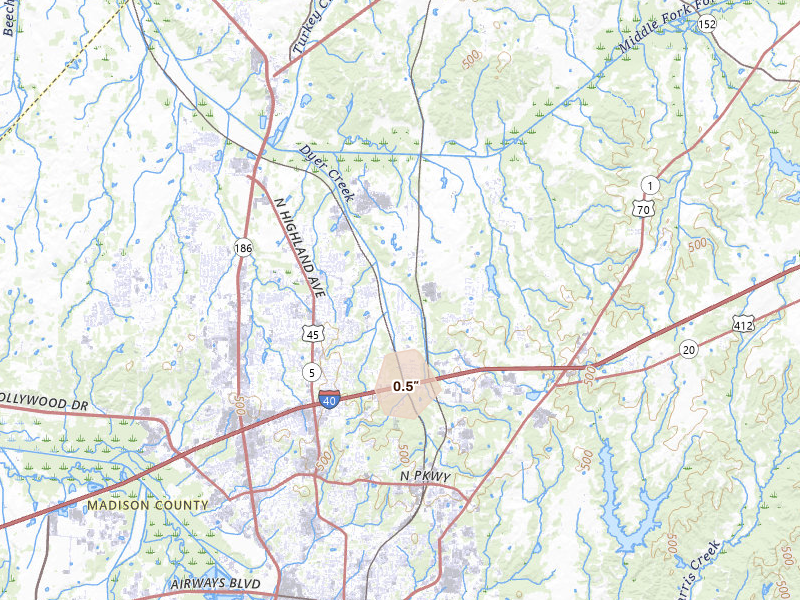 Radar-estimated hail-size map of the storm over Jackson, TN on Aug 7, 2026