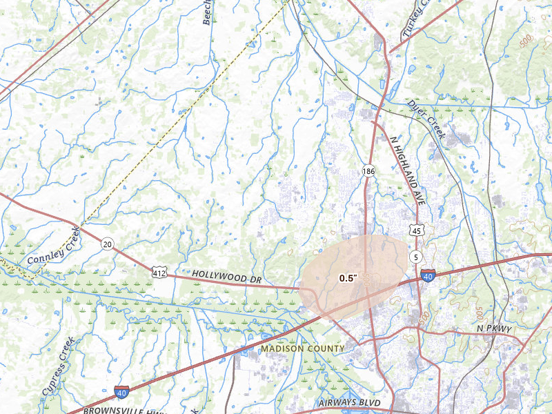 Radar-estimated hail-size map of the storm over Jackson, TN on Aug 9, 2026