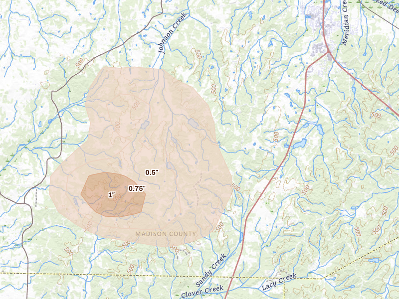 Radar-estimated hail-size map of the storm over Jackson, TN on Aug 20, 2026