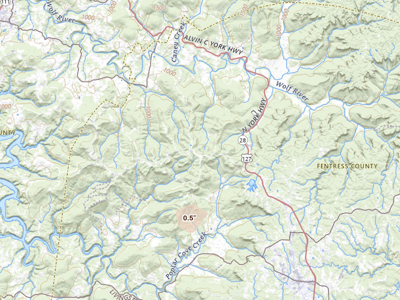 Radar-estimated hail-size map of the storm over Jamestown, TN on May 20, 2026