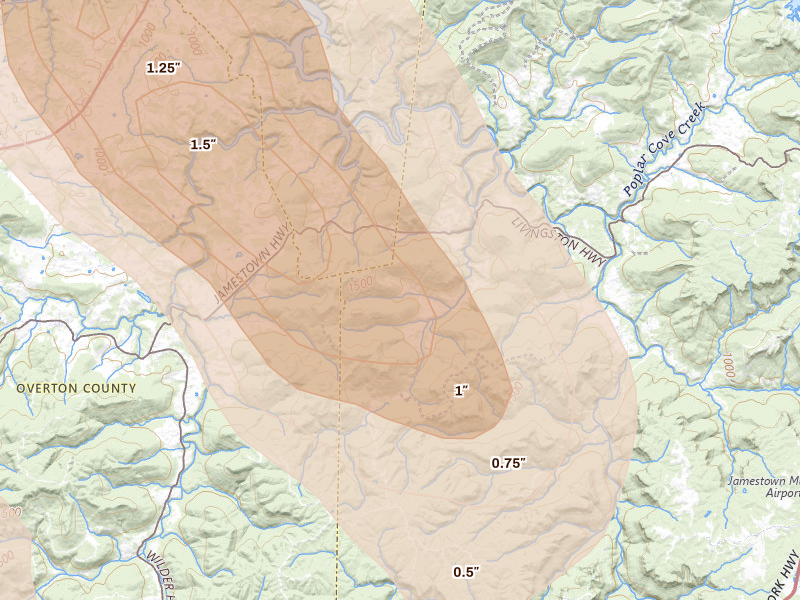Radar-estimated hail-size map of the storm over Jamestown, TN on Aug 22, 2026