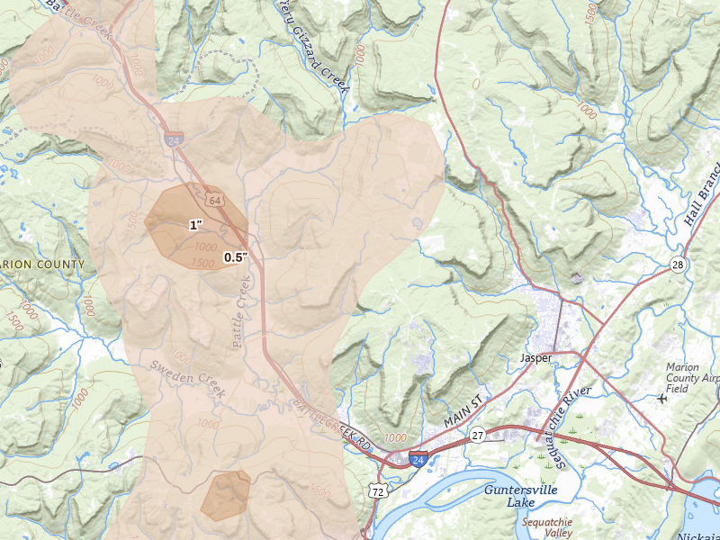 Radar-estimated hail-size map of the storm over Jasper, TN on Jul 3, 2026