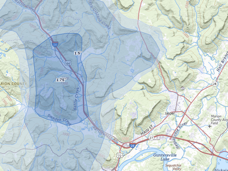 NEXRAD radar-signature map of the hail over Jasper, TN