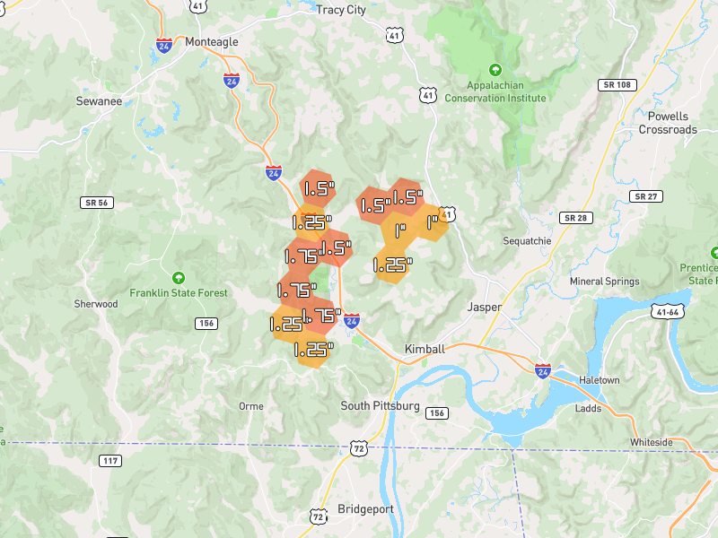 Hail map of Jasper, TN on Jul 3, 2026, hail up to 1.75"